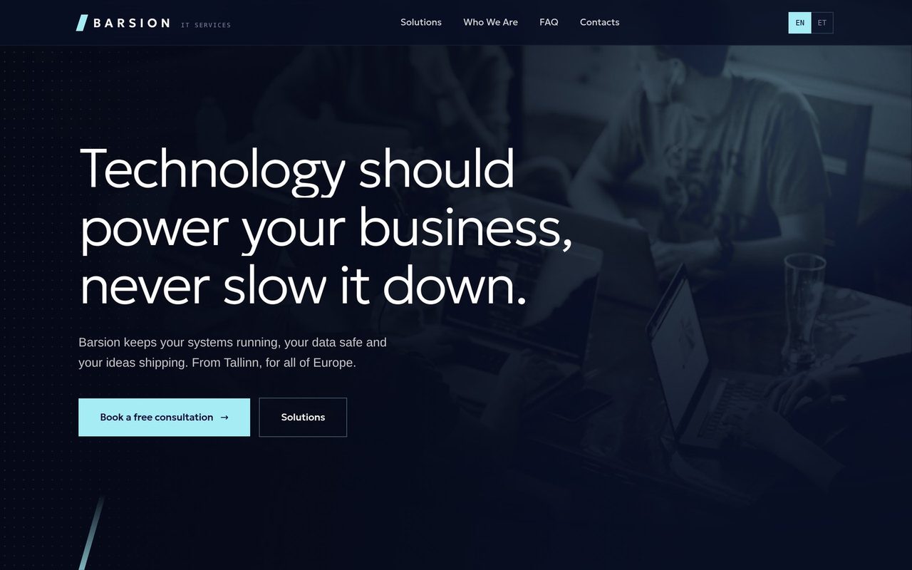Barsion website hero on a near-black navy background with a pale cyan accent.