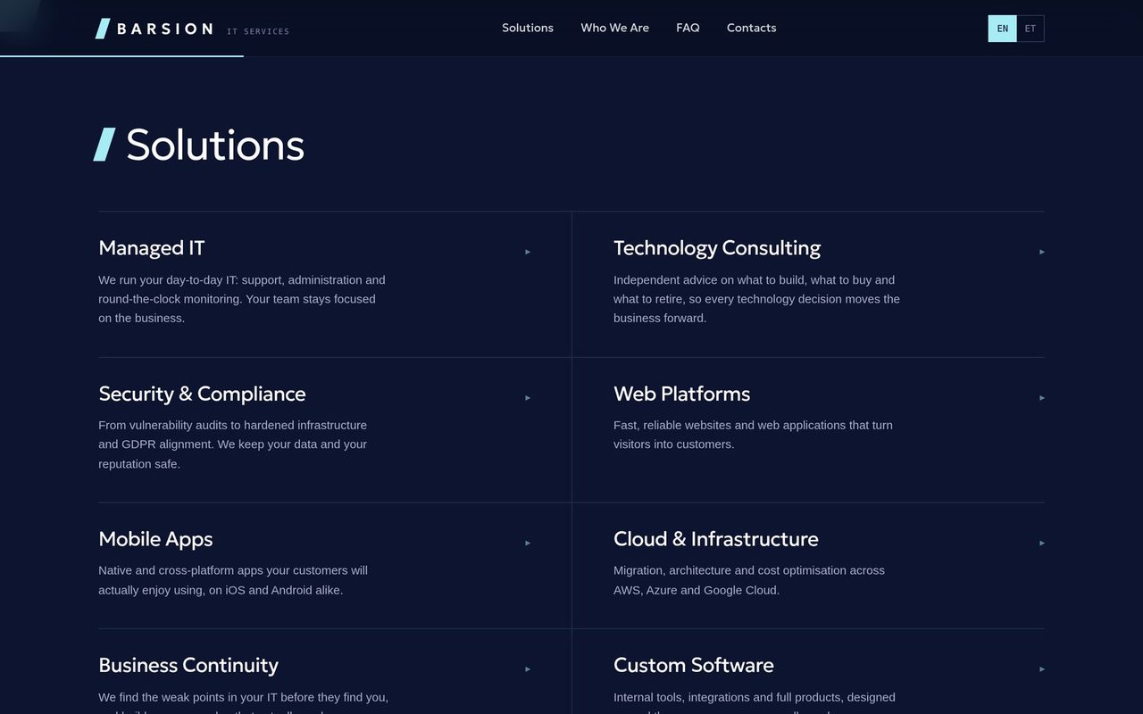 Barsion services section: eight managed IT services laid out in a hairline grid.