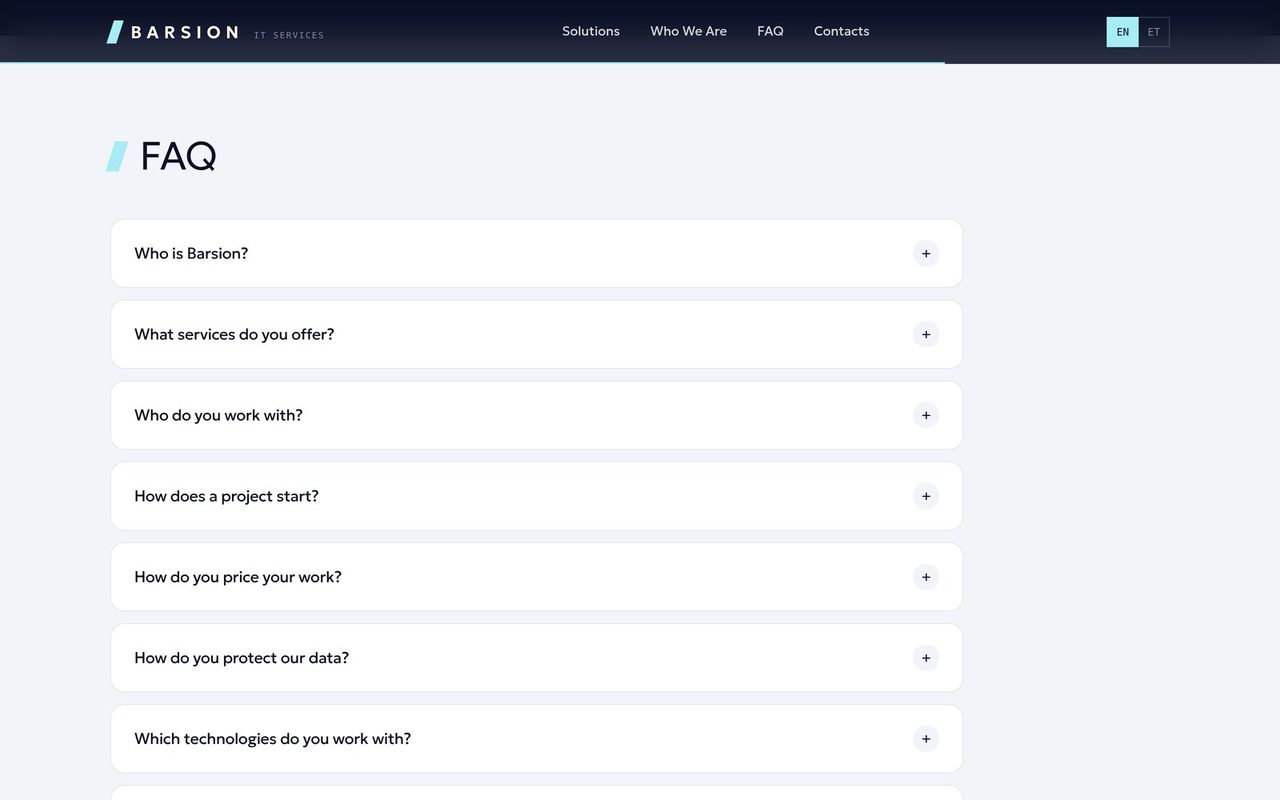 Barsion FAQ section with plainly written answers on a dark navy background.