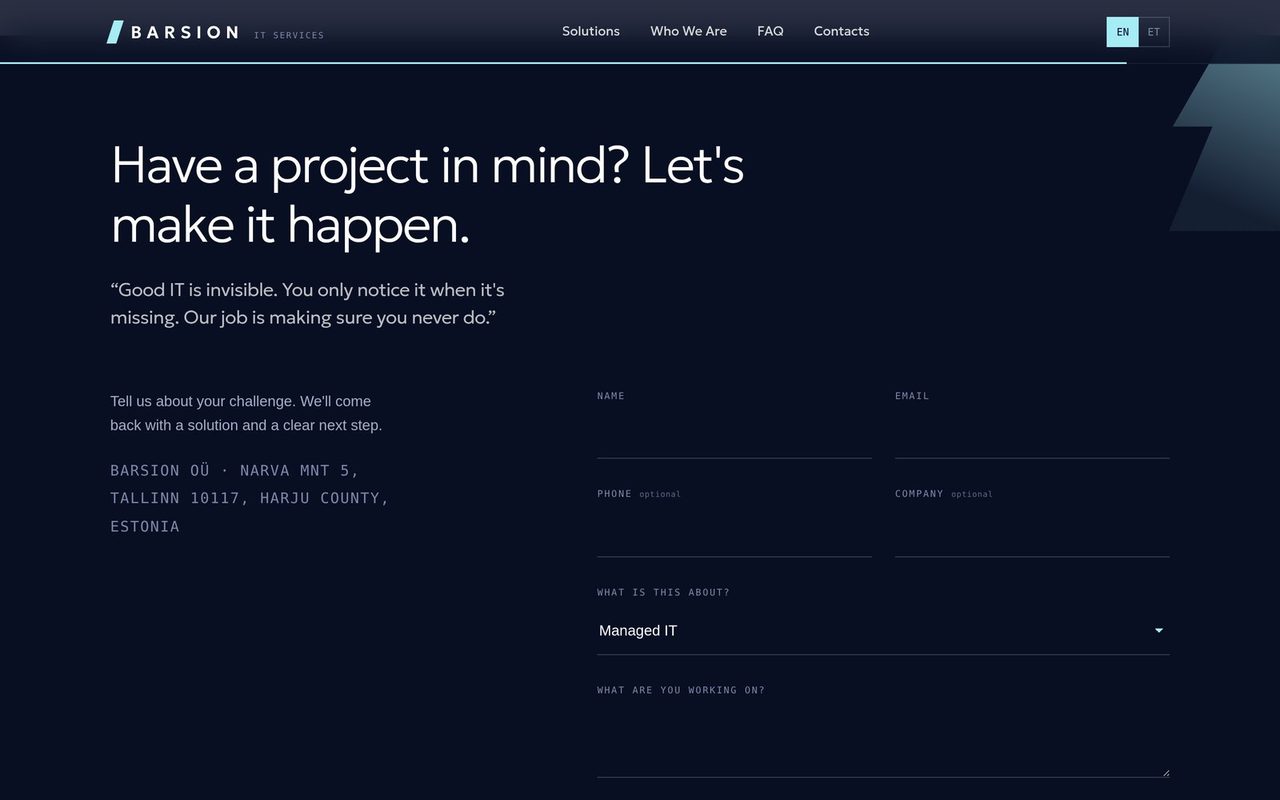 Barsion contact form with honest validation states.