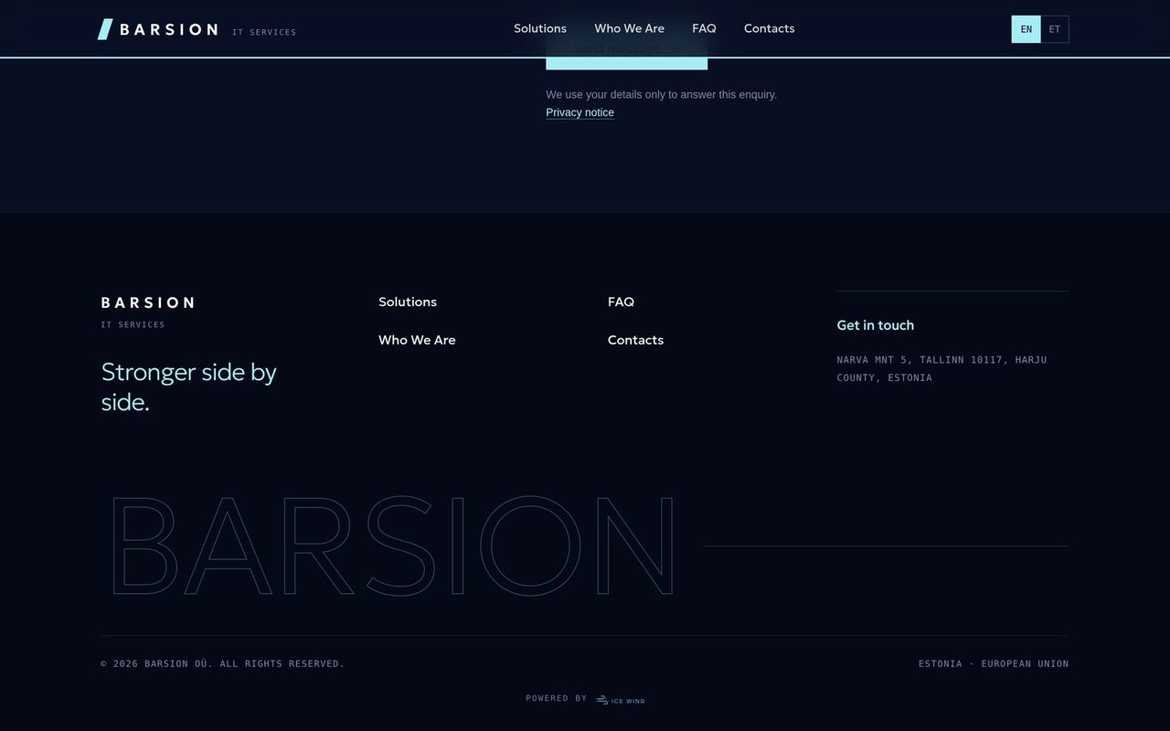 Barsion website footer with the language switch and the ICE WIND project credit.