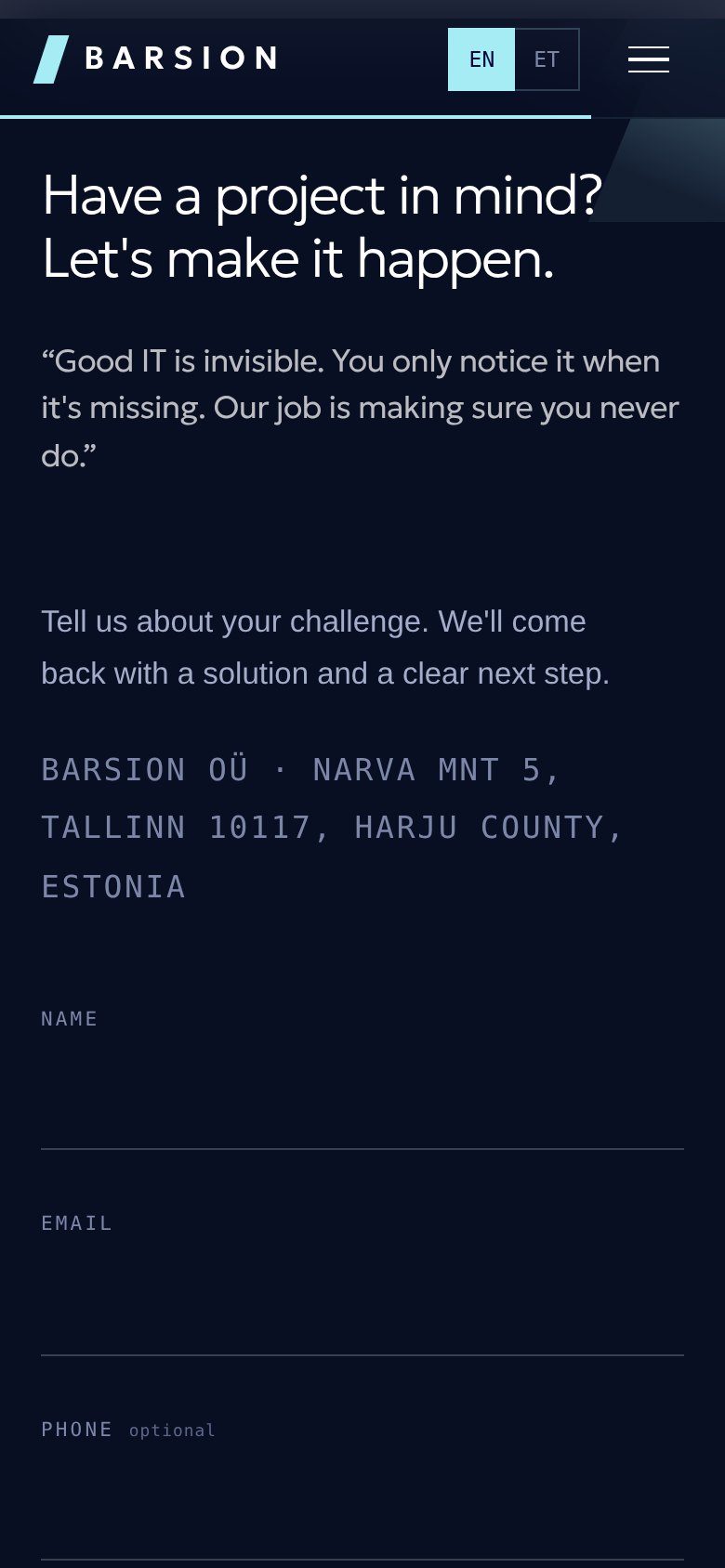 Barsion contact form on a 390 px wide phone screen.