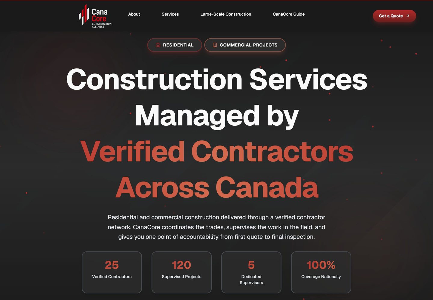 CanaCore construction-services homepage with its keyword-mapped headline.