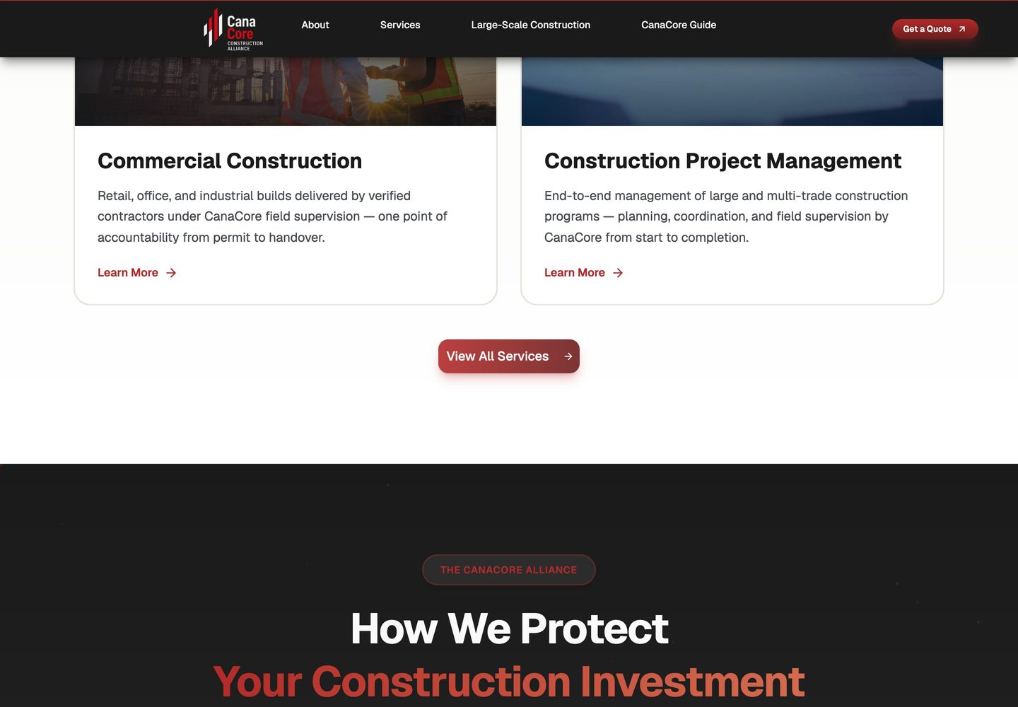 CanaCore homepage services grid including new commercial construction and project management entry points.