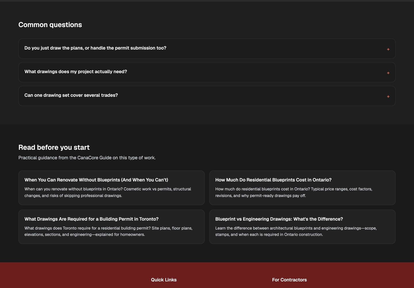 CanaCore blueprinting services hub showing its bespoke frequently-asked-questions section.