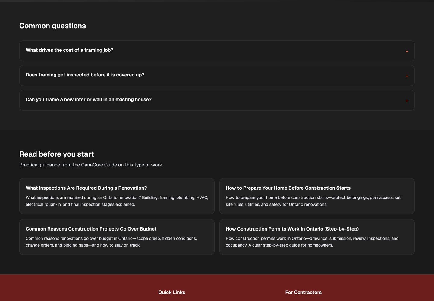 CanaCore framing page showing its own page-specific FAQ.