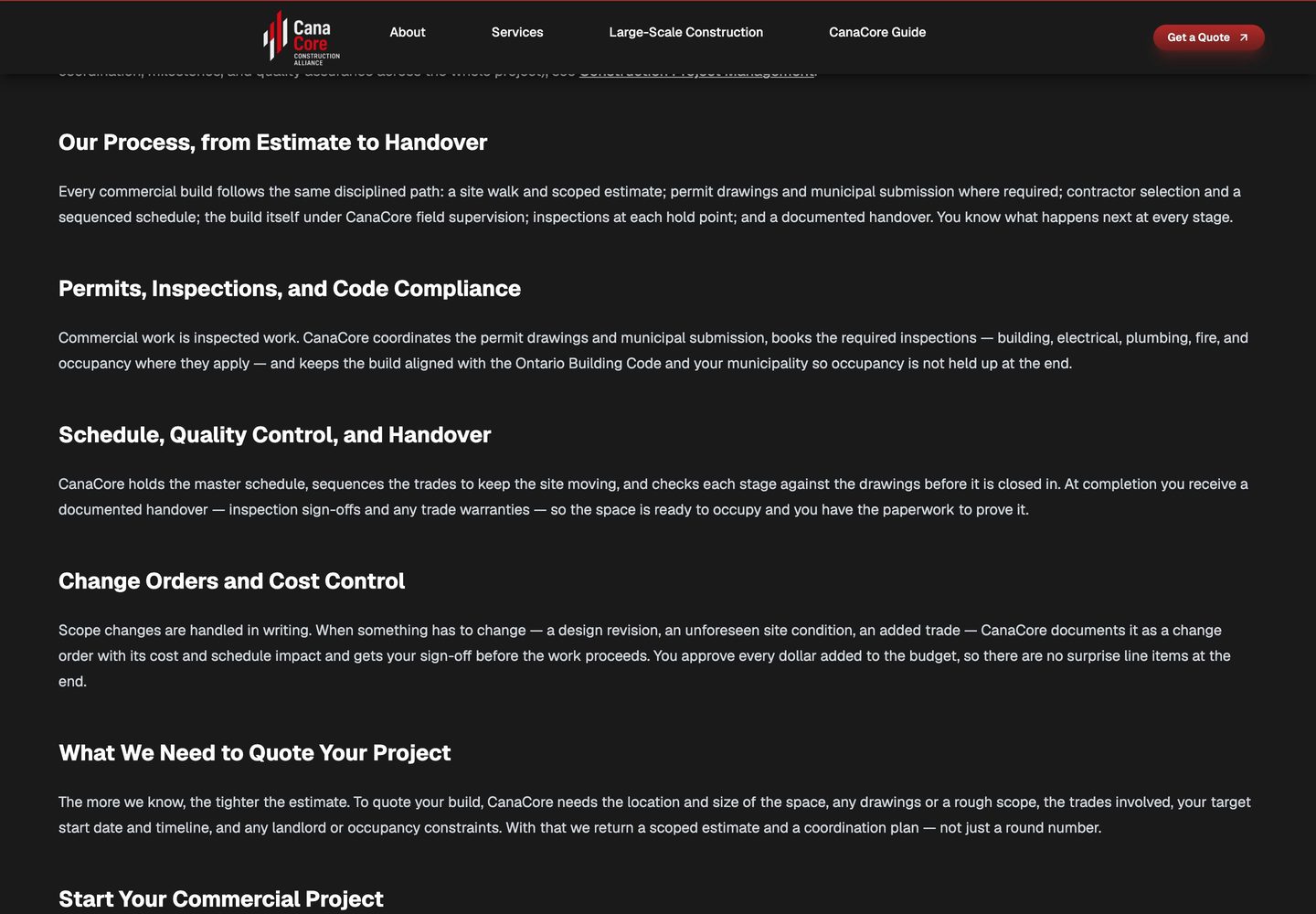 CanaCore commercial construction page showing process, permits and change-order sections.