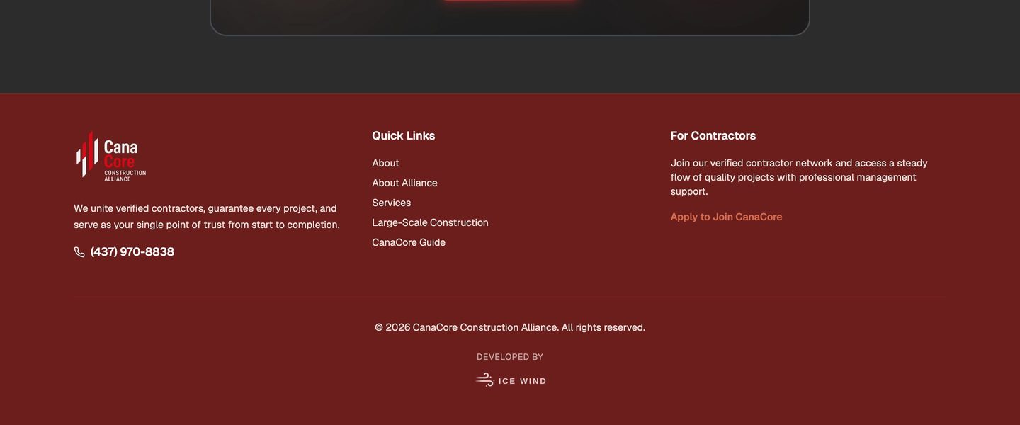 CanaCore footer showing the "Developed by ICE WIND" credit.