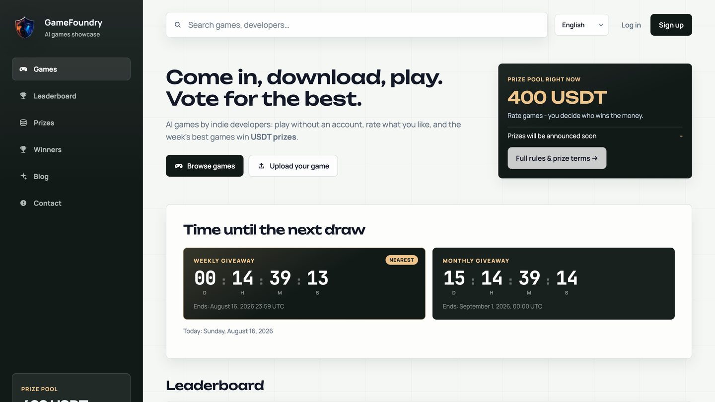 GameFoundry games marketplace homepage showing the USDT prize pool.
