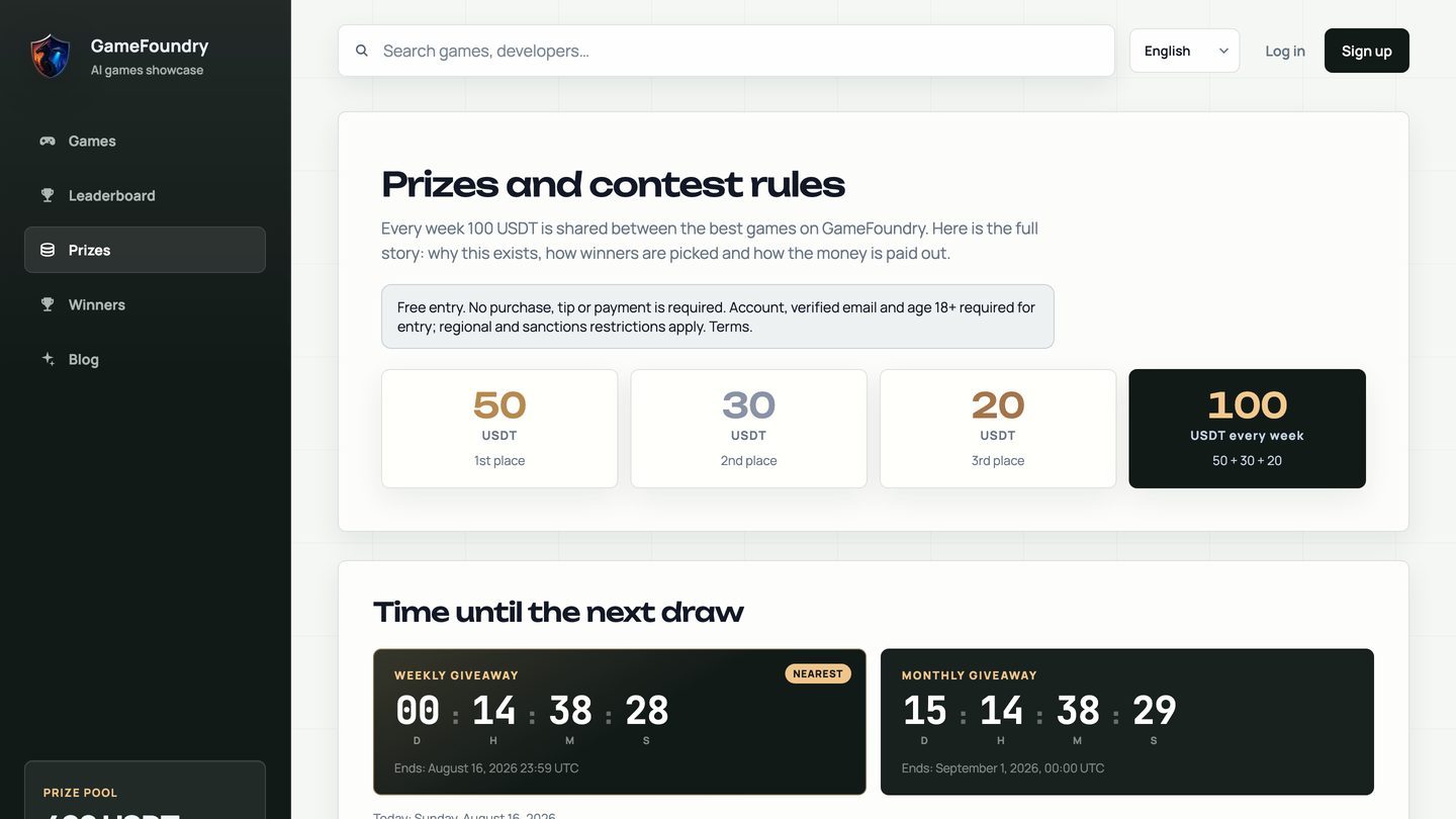 GameFoundry prize rules page showing the 100 USDT weekly split.