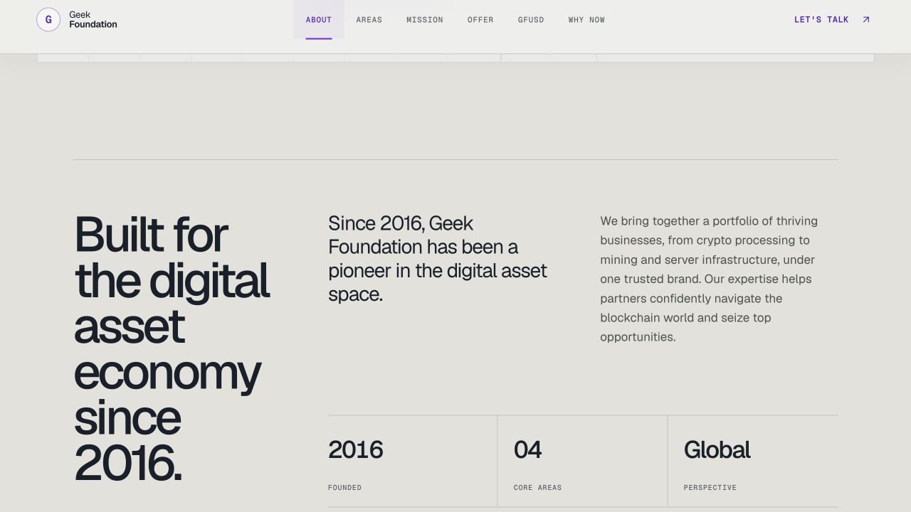 Geek Foundation About section with a large statement, supporting copy and company facts.