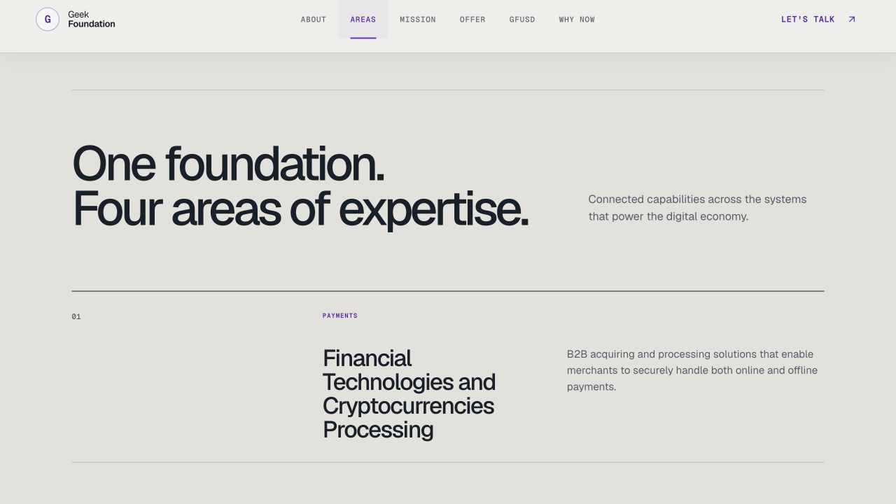 Geek Foundation business-areas section describing payments, liquidity, compute and security.