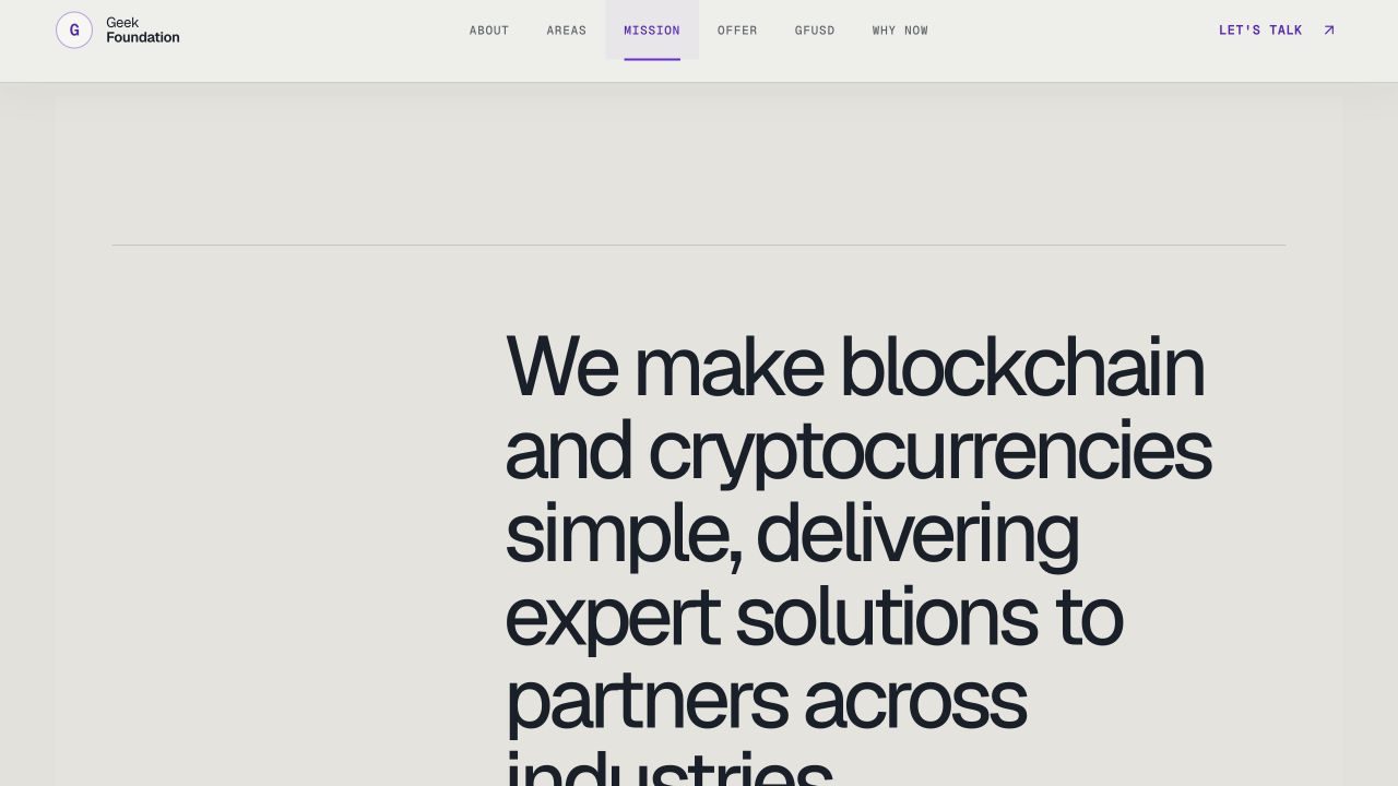 Geek Foundation Mission section in a spacious light editorial layout.