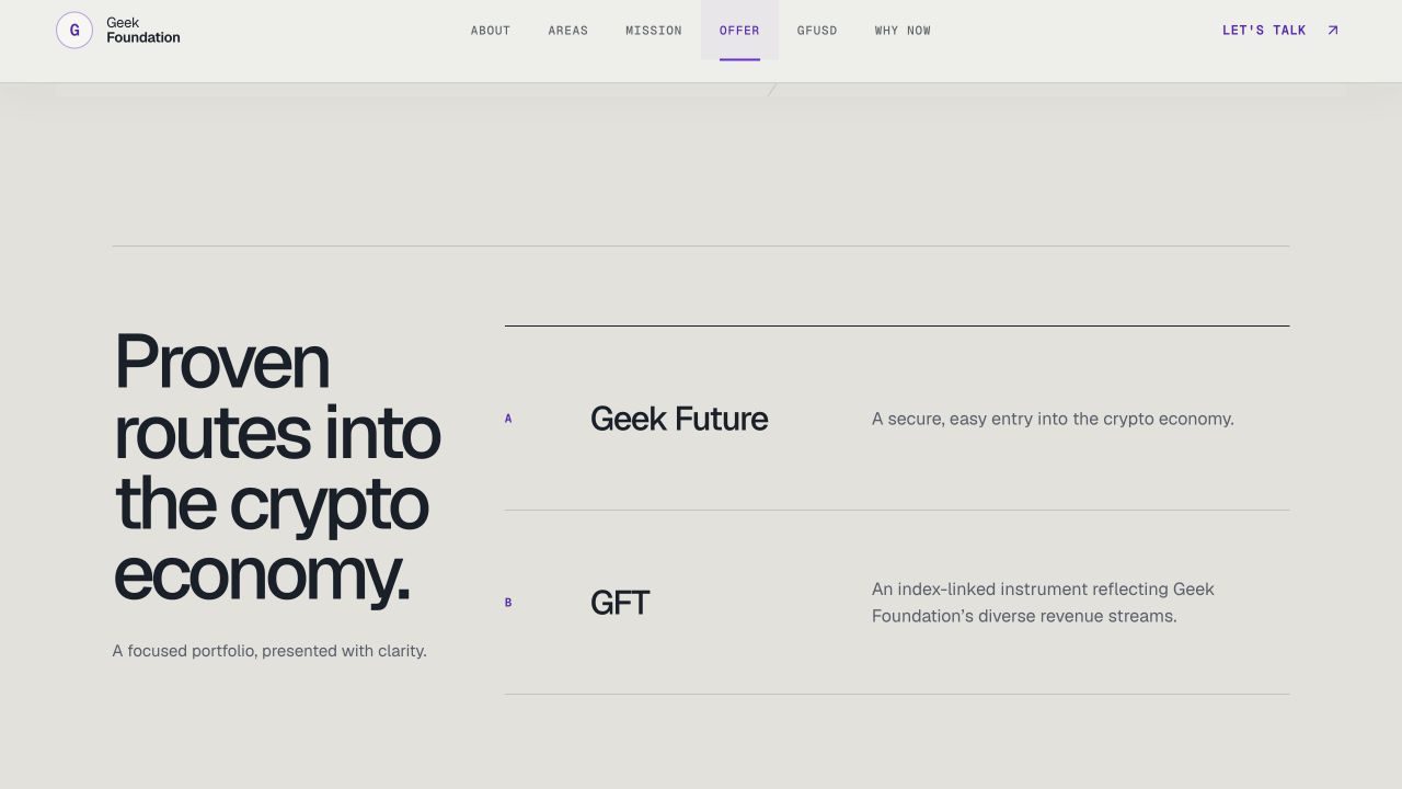 Geek Foundation portfolio offer listing Geek Future, GFT and Proven Solutions.