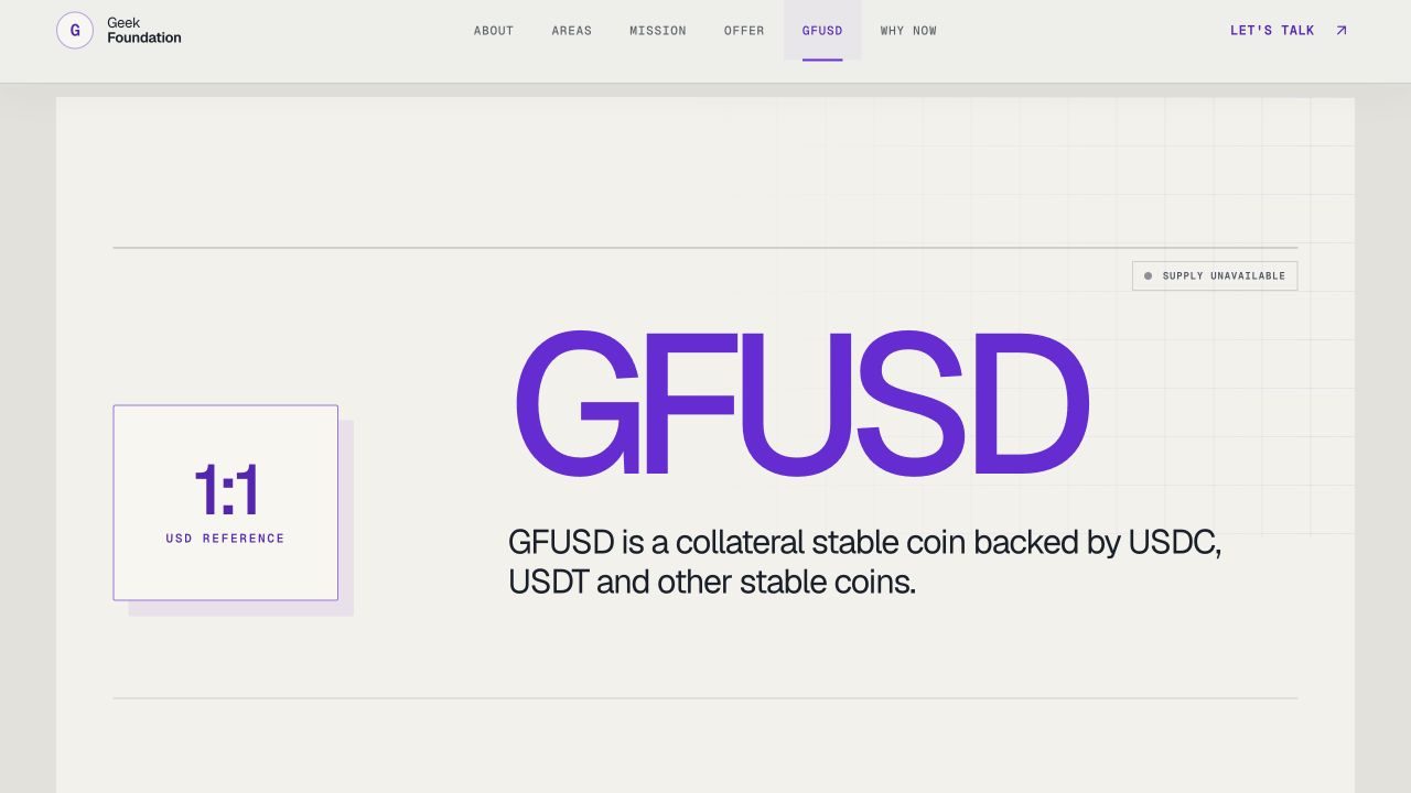 Geek Foundation GFUSD section showing the stablecoin heading and USD reference panel.