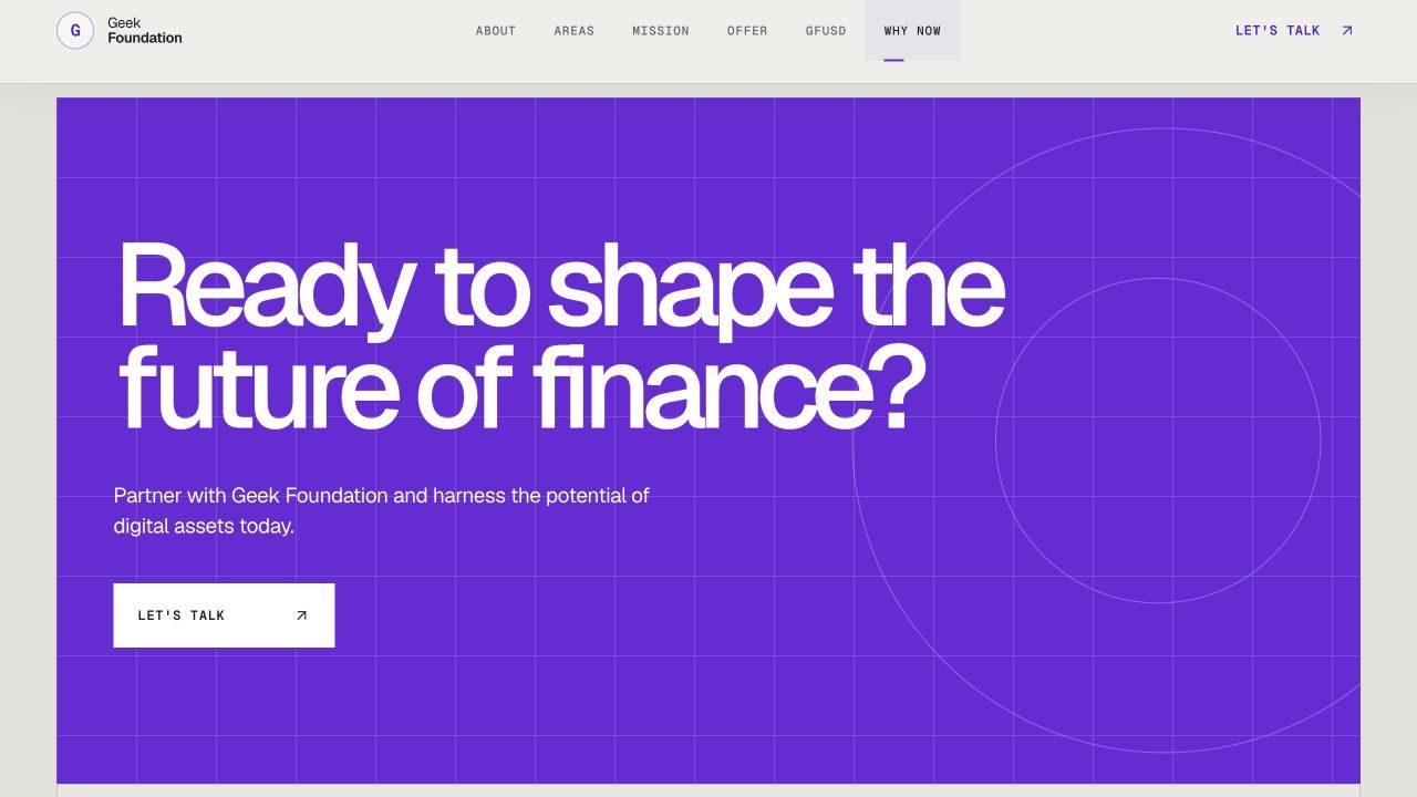 Geek Foundation violet contact section asking visitors to shape the future of finance.