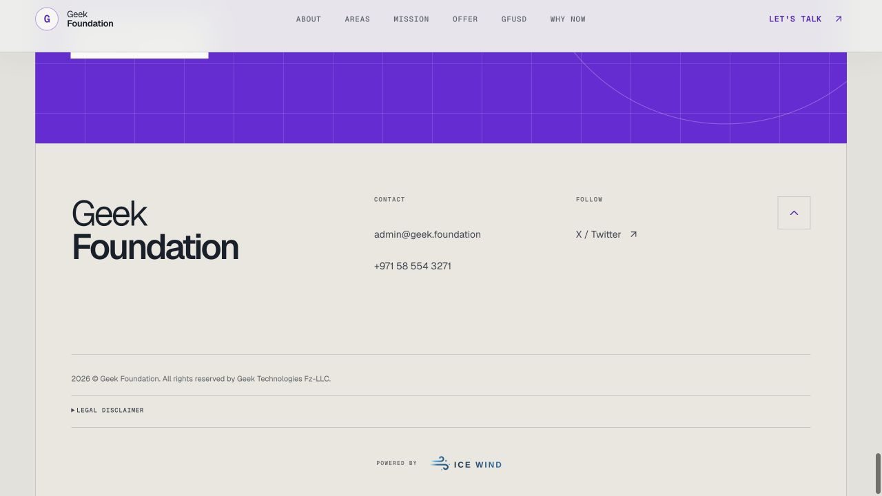 Geek Foundation footer showing contact details and the Powered by ICE WIND credit.