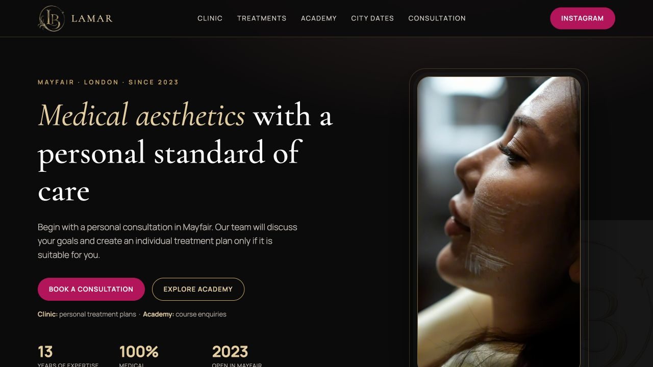 Lamar Academy website hero for a Mayfair aesthetic clinic.