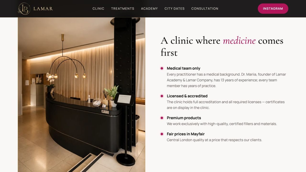 Lamar Academy clinic section describing medical-first care.