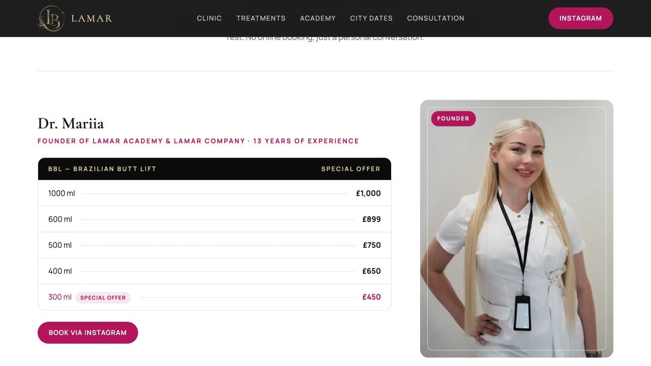 Lamar Academy practitioner profile and treatment pricing interface.