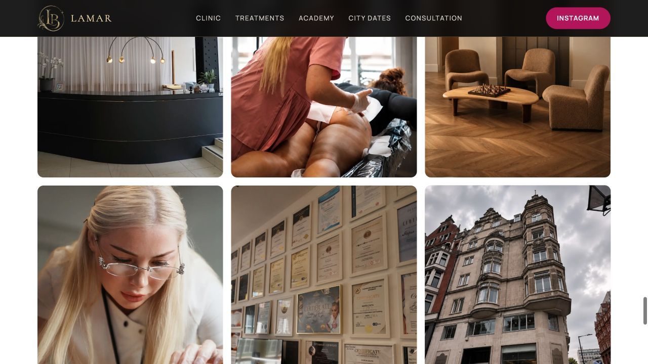 Lamar Academy website gallery showing clinic interiors and treatments.